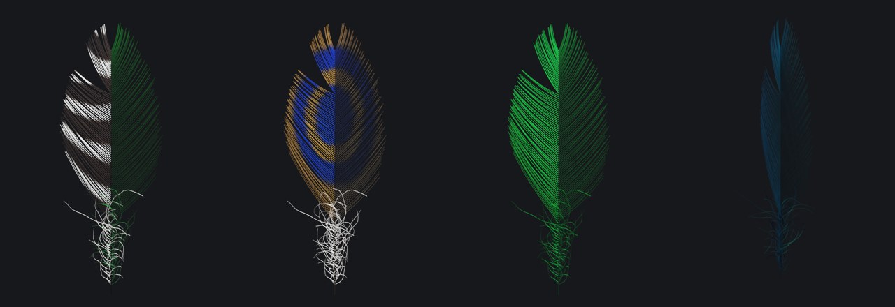 Feathers patterned by GroomLab: bars, an eye spot, iridescence from two angles