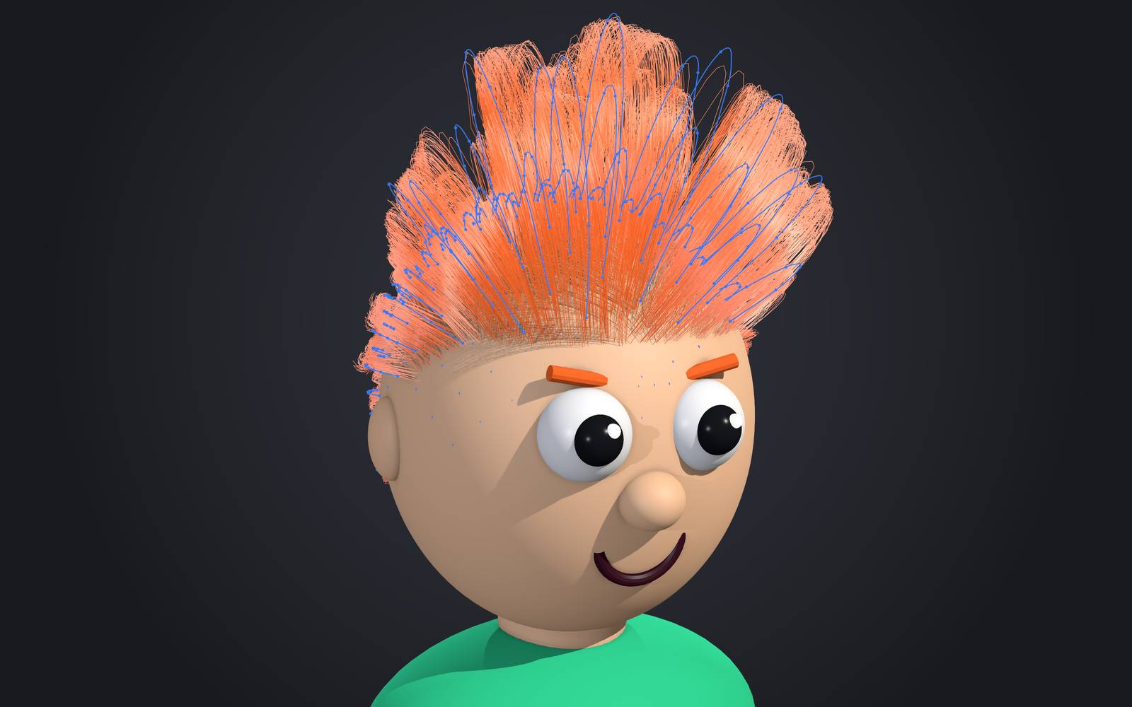 Guides drawn over a groom in Maya's viewport, colored by hierarchy level